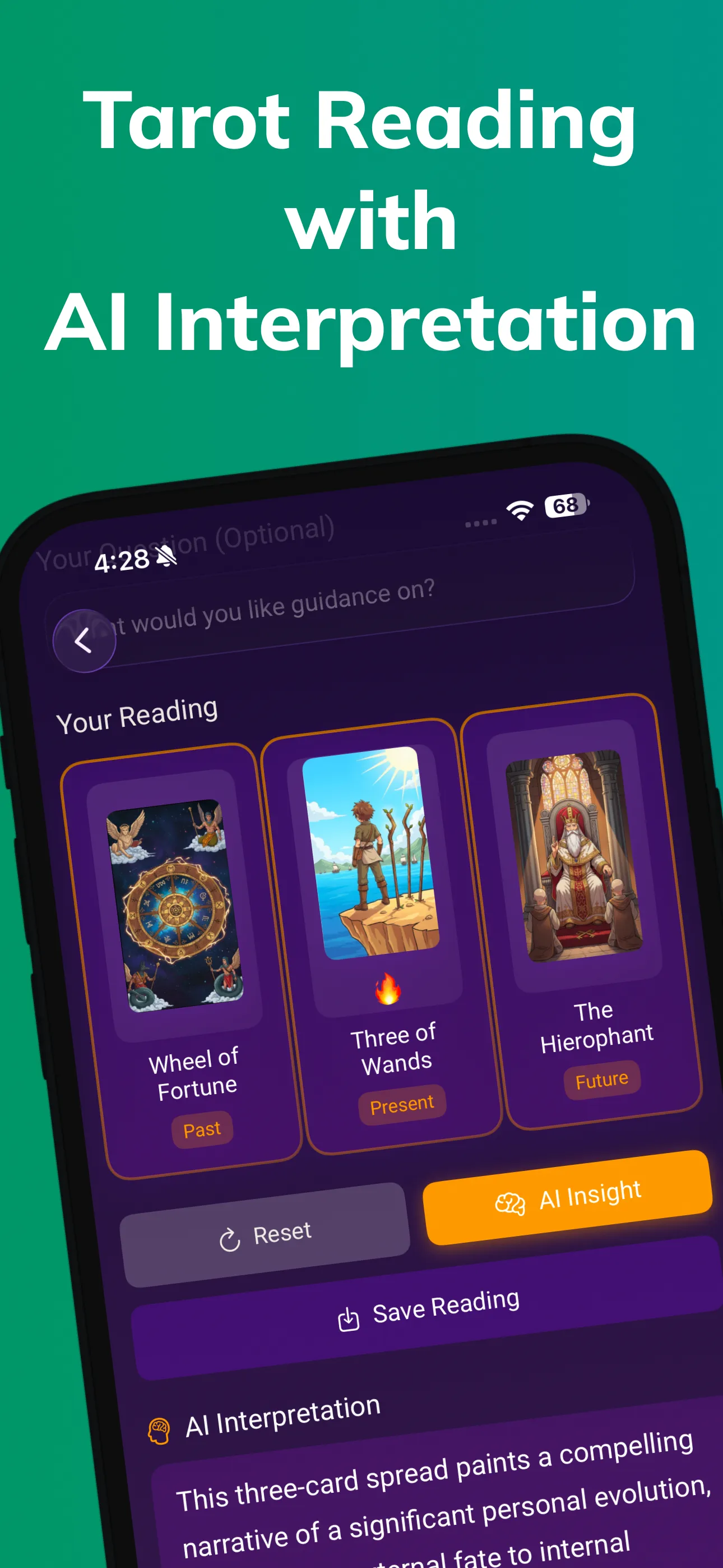 Tarot reading with AI interpretation in MoonWise
