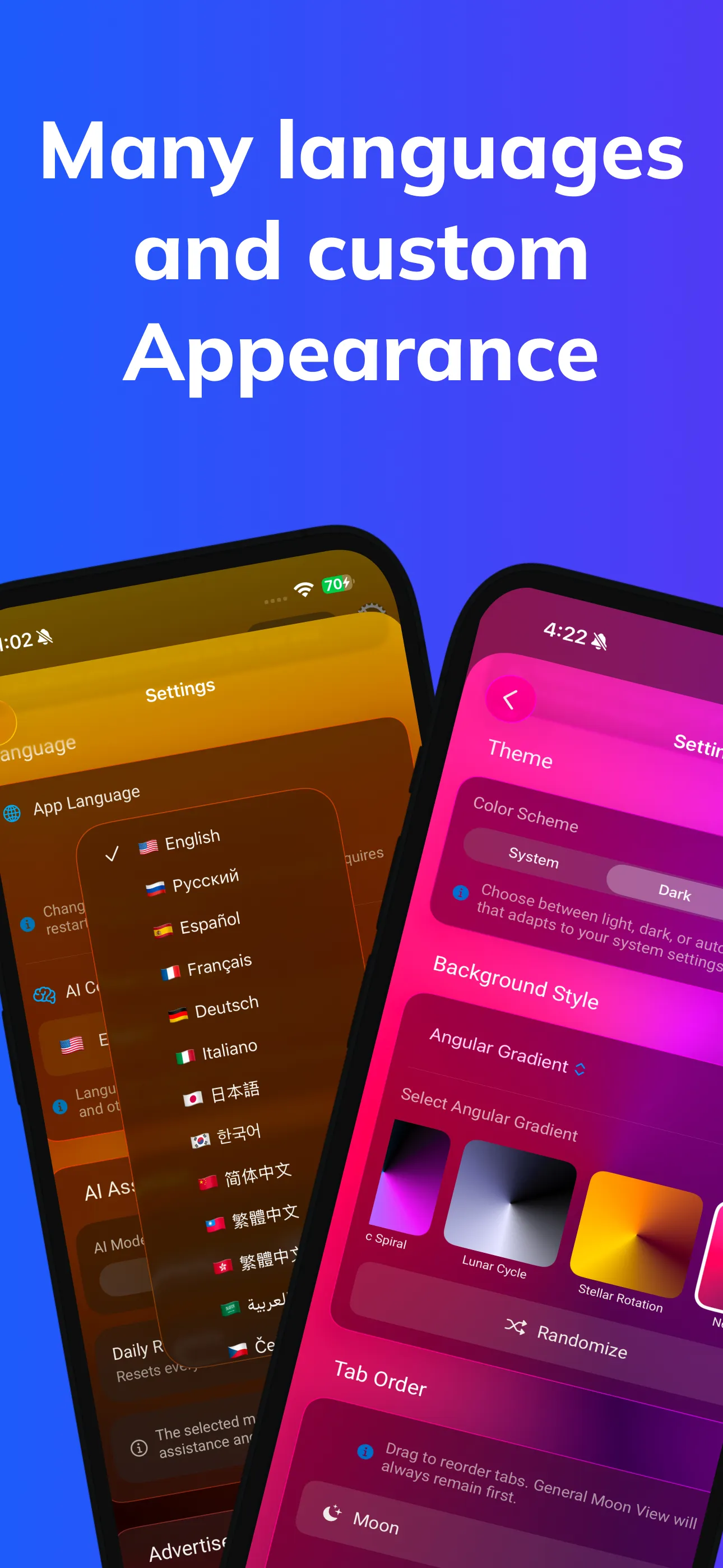 MoonWise settings — multiple languages and custom themes