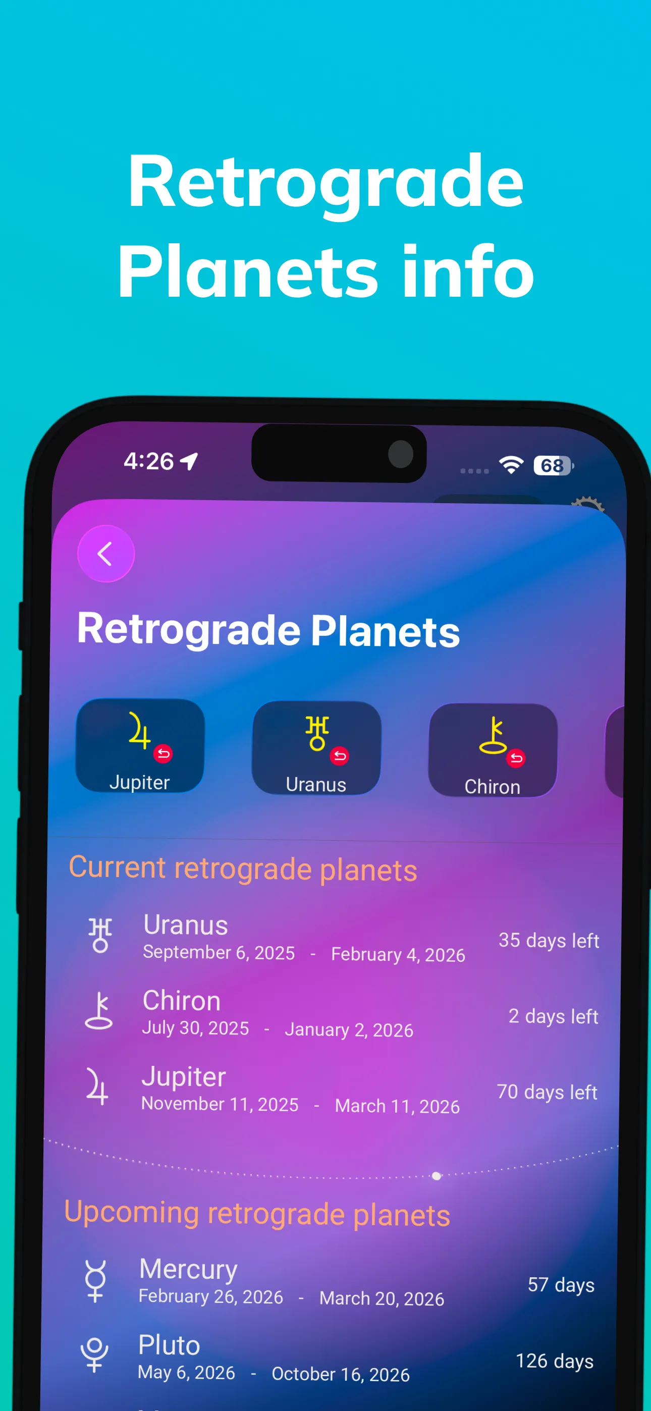 Retrograde planets tracker showing Jupiter, Uranus, Chiron
